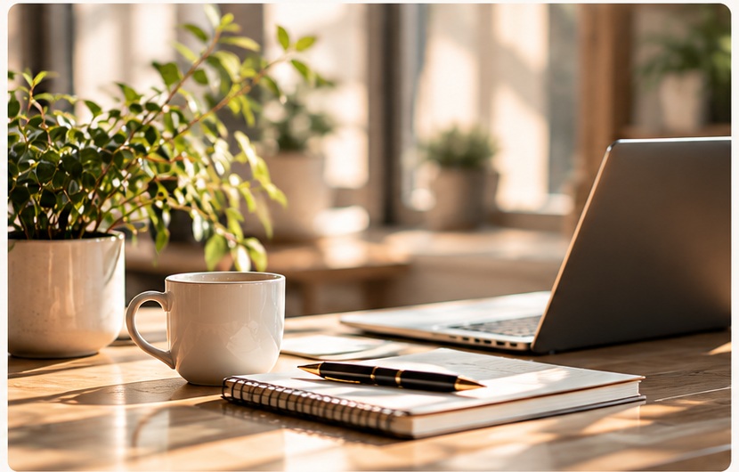 Arbejdsplads med kaffekop og computer