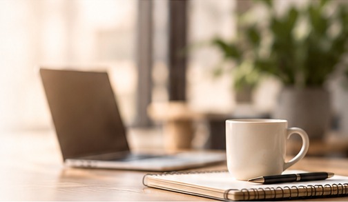 Arbejdsplads med computer og kaffekop