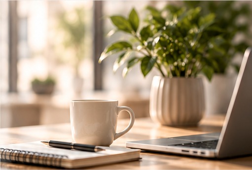 Kaffekop, plante og computer